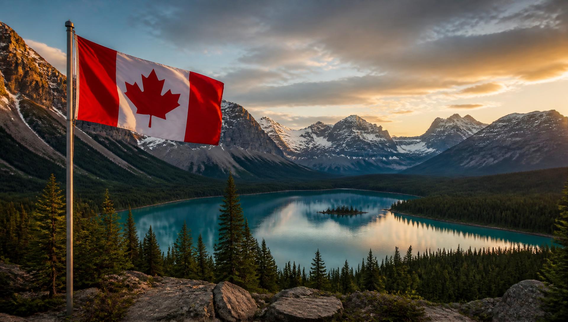Paesaggio canadese con montagne, lago e bandiera del Canada