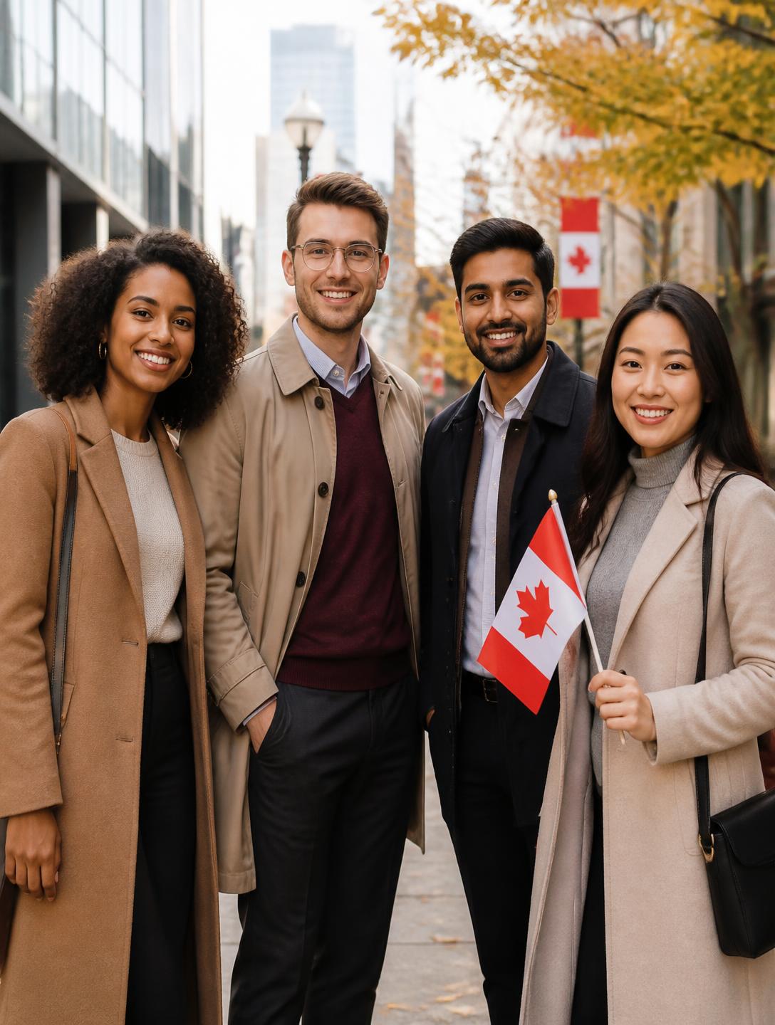 Nuovi arrivati di origini diverse con la bandiera del Canada in una via cittadina canadese